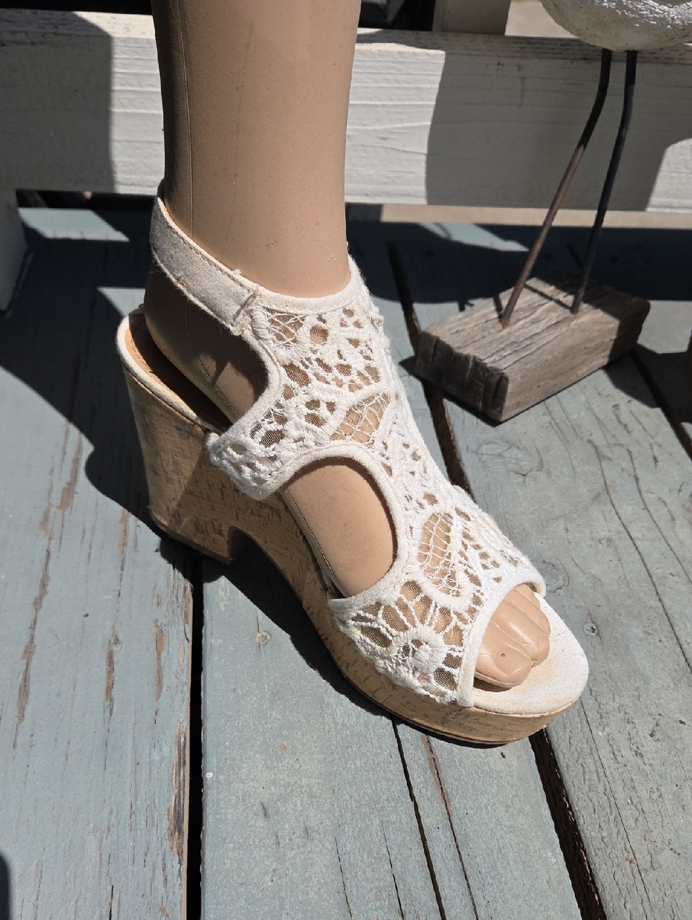 Women's White Lace Cork Wedge Sandals